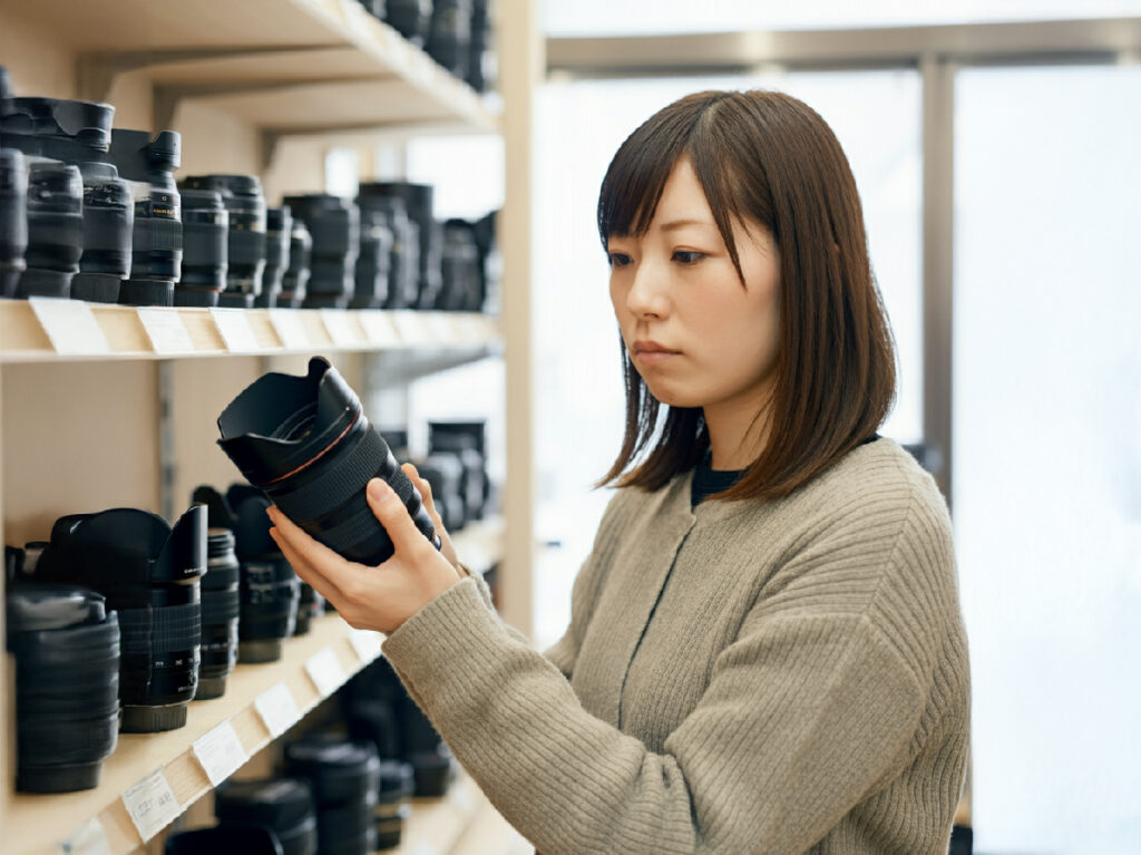 中古レンズ選びに迷う女性